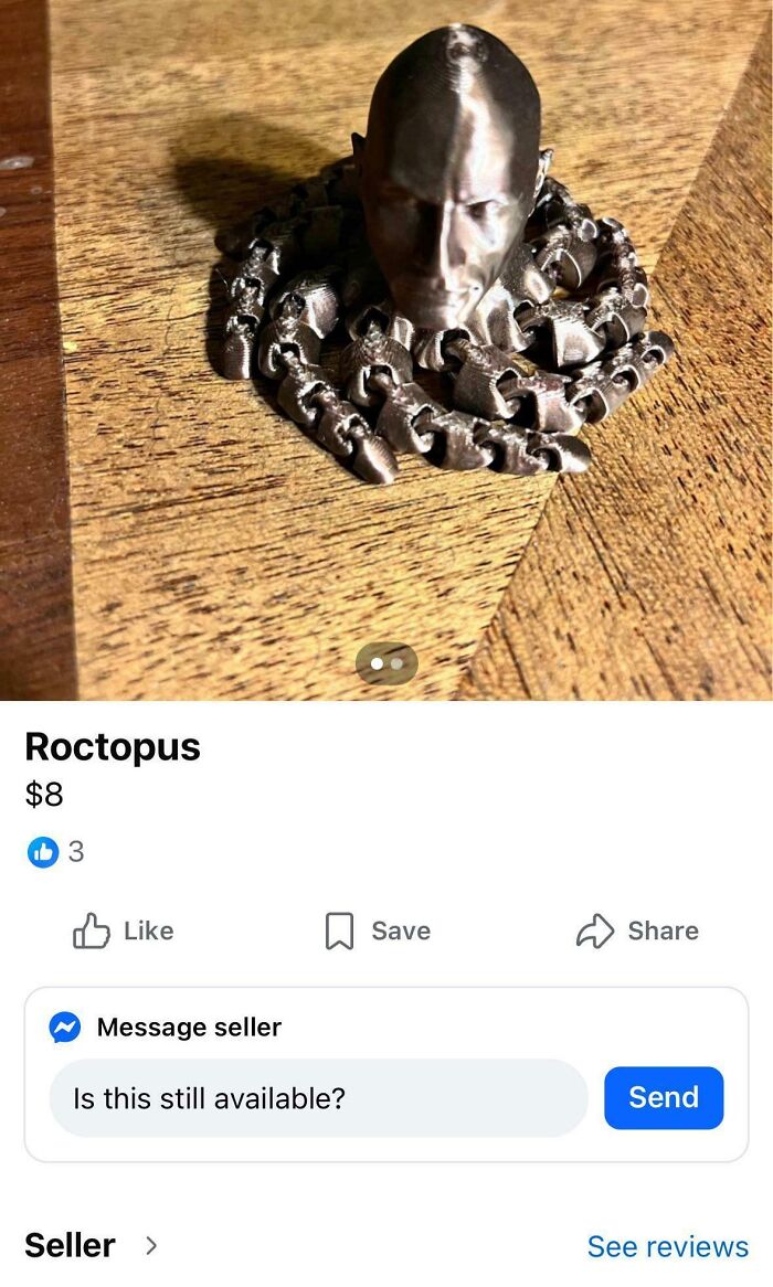 A metallic octopus-like sculpture with a head, an unhinged marketplace listing.
