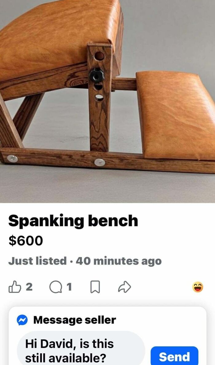 A wooden bench with upholstered pads, advertised as a spanking bench, an unhinged marketplace listing.