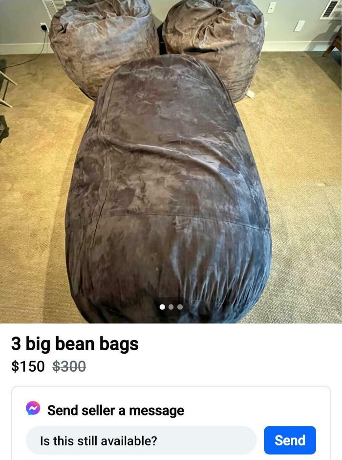 Three large bean bags, appearing phallic, one of many unhinged marketplace listings.