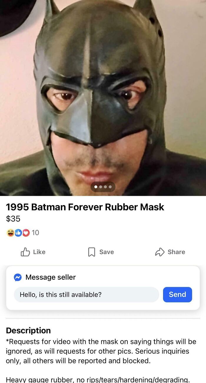 A person wearing a 1995 Batman Forever Rubber Mask, one of many unhinged marketplace listings.