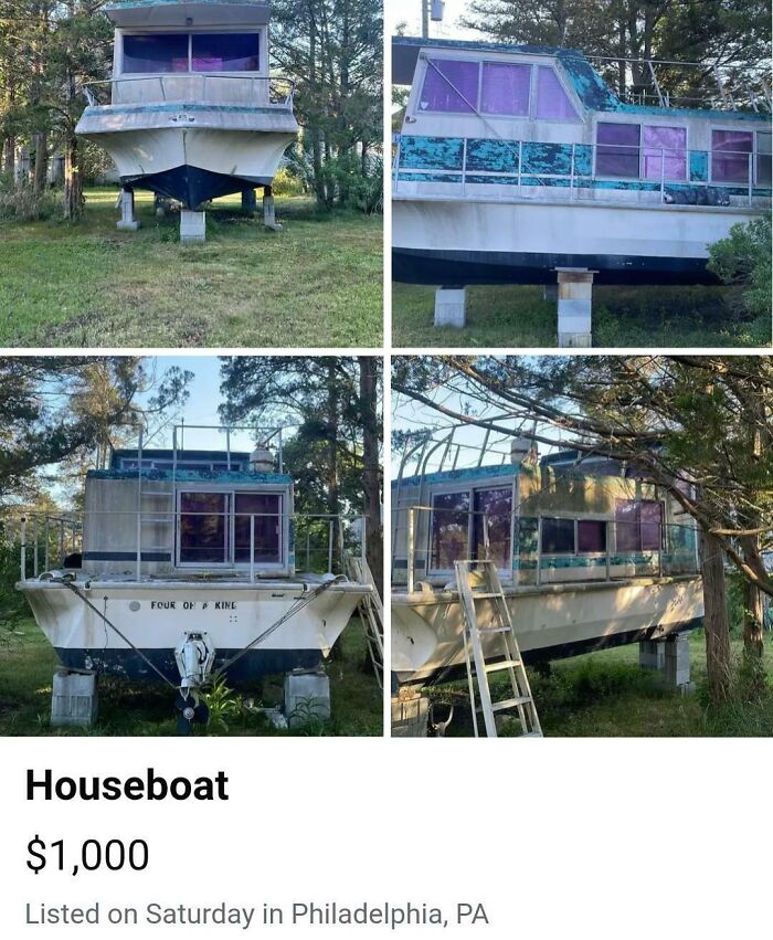 A dilapidated houseboat listed for $1,000, showcasing unhinged marketplace listings.