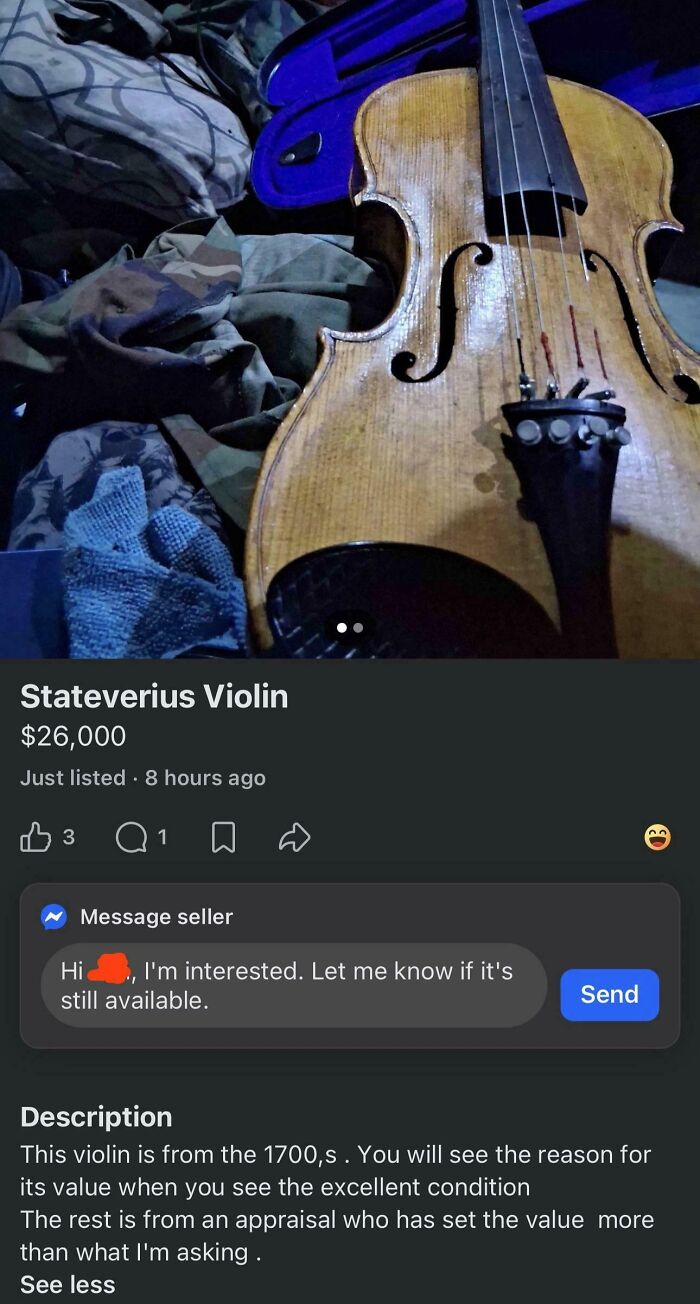 A close-up of a Stateverius Violin, an unhinged marketplace listing at $26,000.
