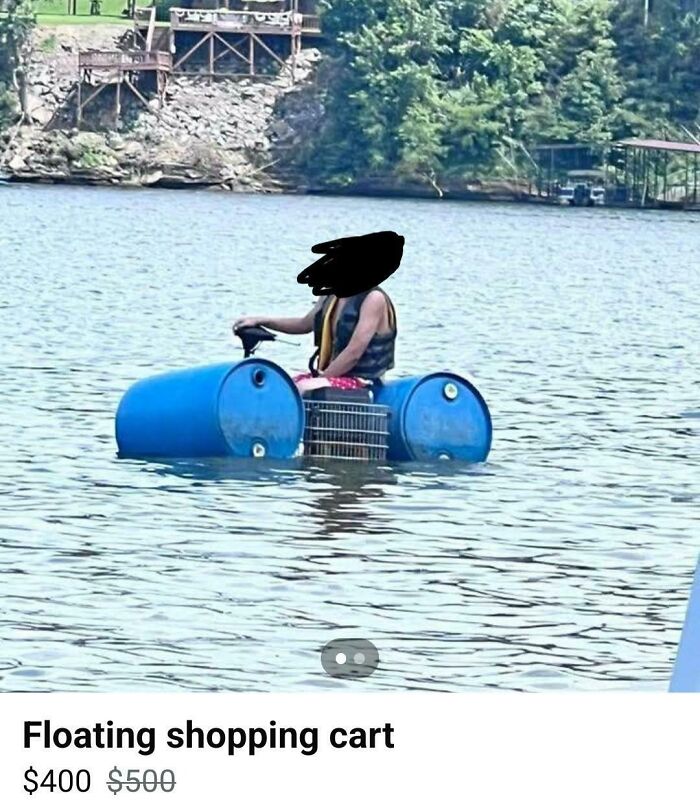 A person in a life vest on a floating shopping cart made from barrels, one of the unhinged marketplace listings.