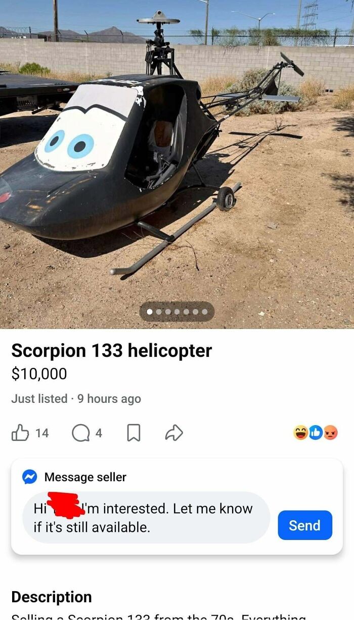 A Scorpion 133 helicopter, painted with cartoon eyes, an unhinged marketplace listing for $10,000.