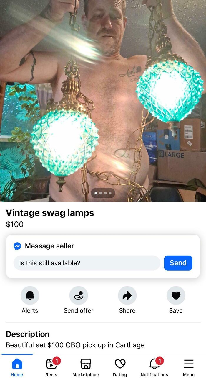 A man holds up two vintage swag lamps on Marketplace listings, highlighting unhinged selling practices.