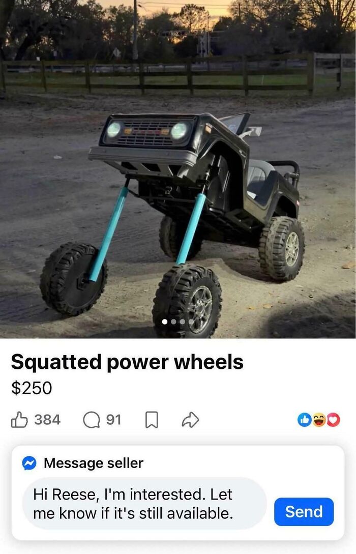 A squatted power wheels vehicle on Marketplace listings, showcasing unhinged modifications.
