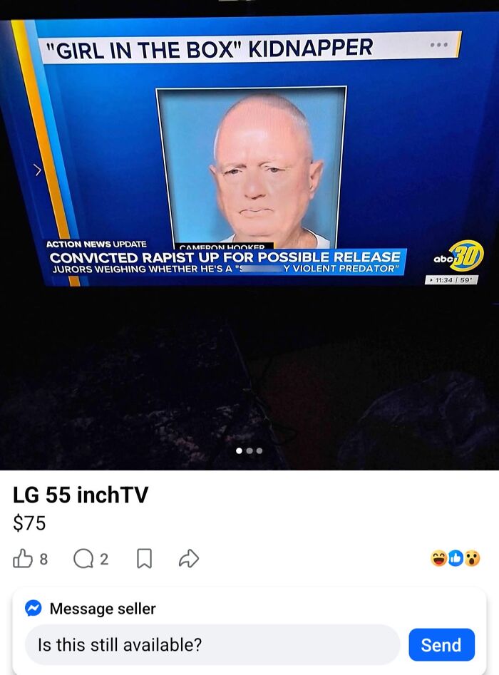 An LG 55-inch TV for sale, displaying a news report about a kidnapper, a truly unhinged Marketplace listing.