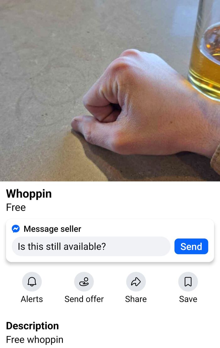 A close-up of a person's hand, offering a free whoppin in a bizarre marketplace listing.