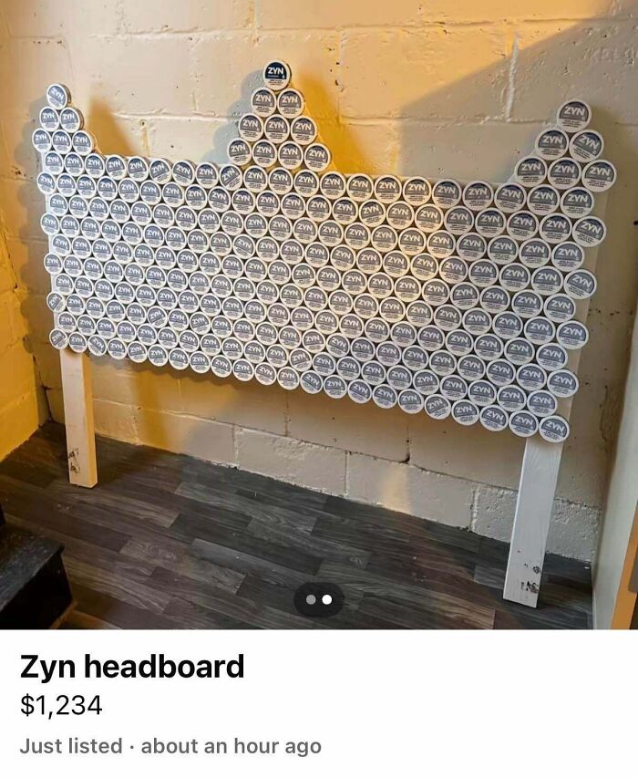 A unique headboard crafted from numerous ZYN cans, showcasing unhinged marketplace listings creativity.