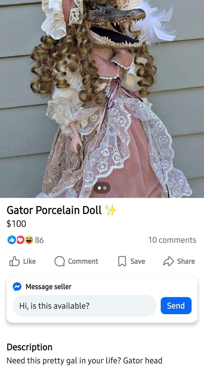 A bizarre gator porcelain doll, an unhinged marketplace listing with a doll wearing a gator head.