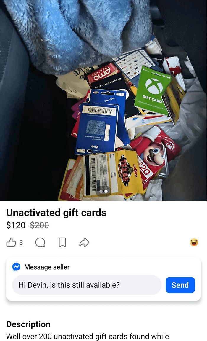 A pile of unactivated gift cards from various retailers, an unhinged marketplace listing.