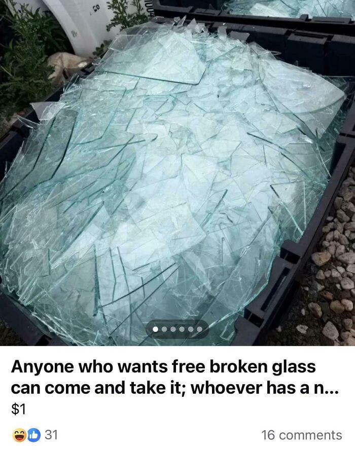 A black crate filled with broken glass, an unhinged marketplace listing for dangerous items.