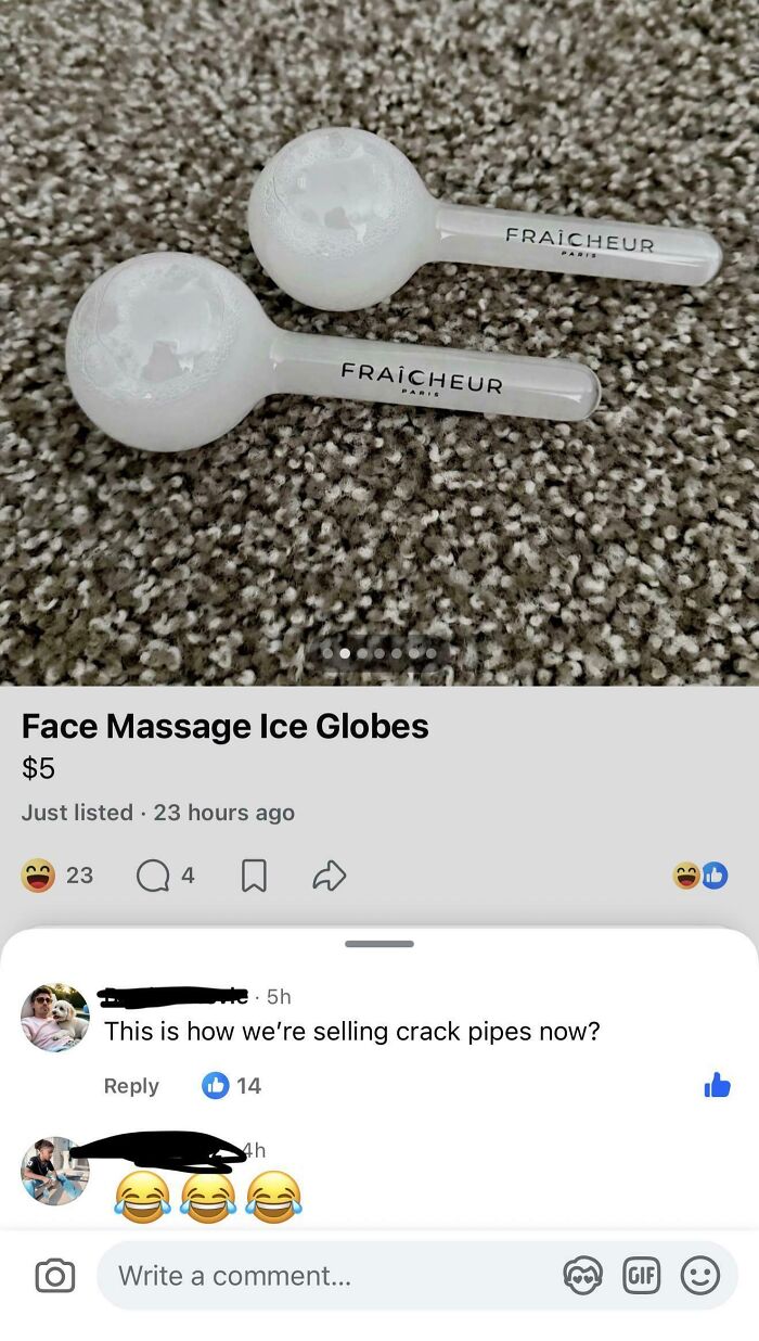 Two white face massage ice globes on a textured carpet, an unhinged marketplace listing.