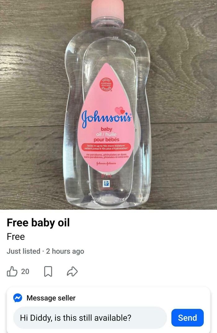 A bottle of Johnson's baby oil, offered for free in an unhinged marketplace listing.