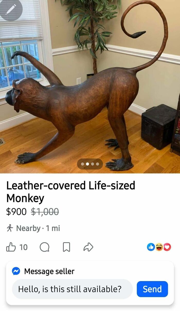 A large, leather-covered life-sized monkey statue, an unhinged marketplace listing.