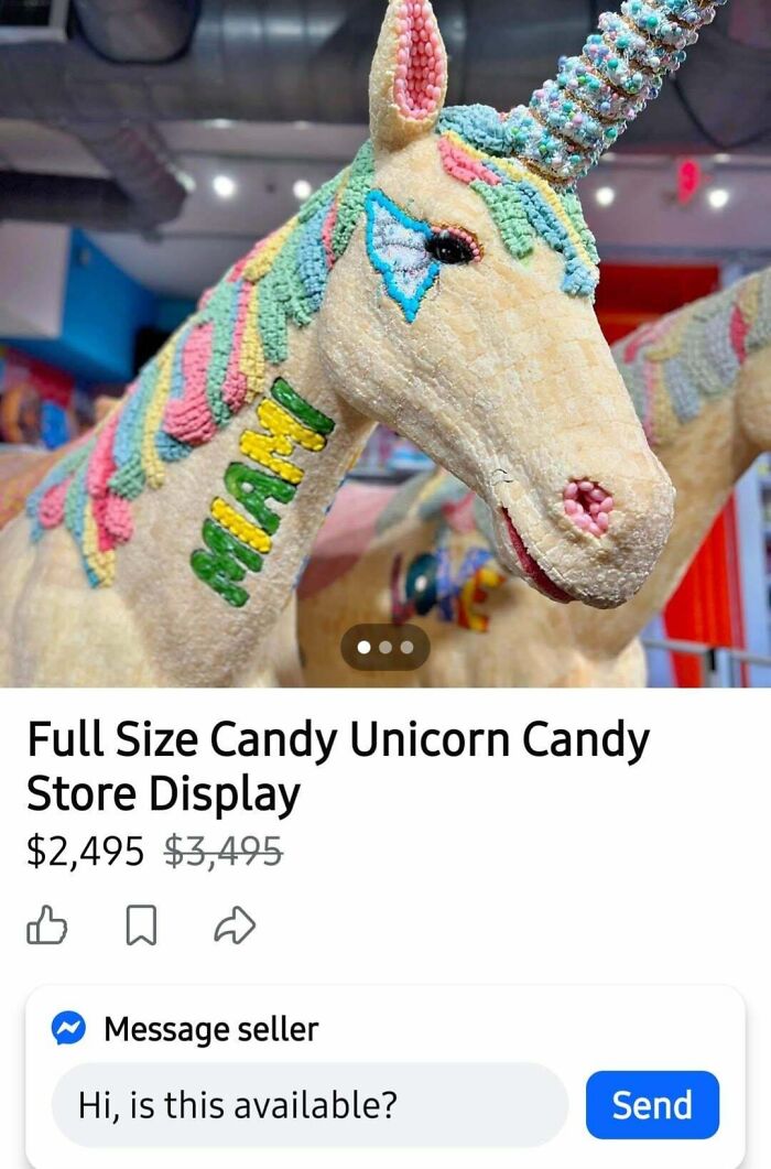 A full-size candy unicorn display with colorful frosting, an unhinged marketplace listing from a candy store.