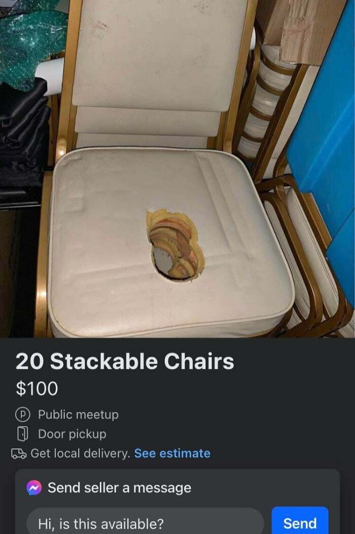 A close-up of a damaged white stackable chair with a large hole, part of a bizarre marketplace listing.