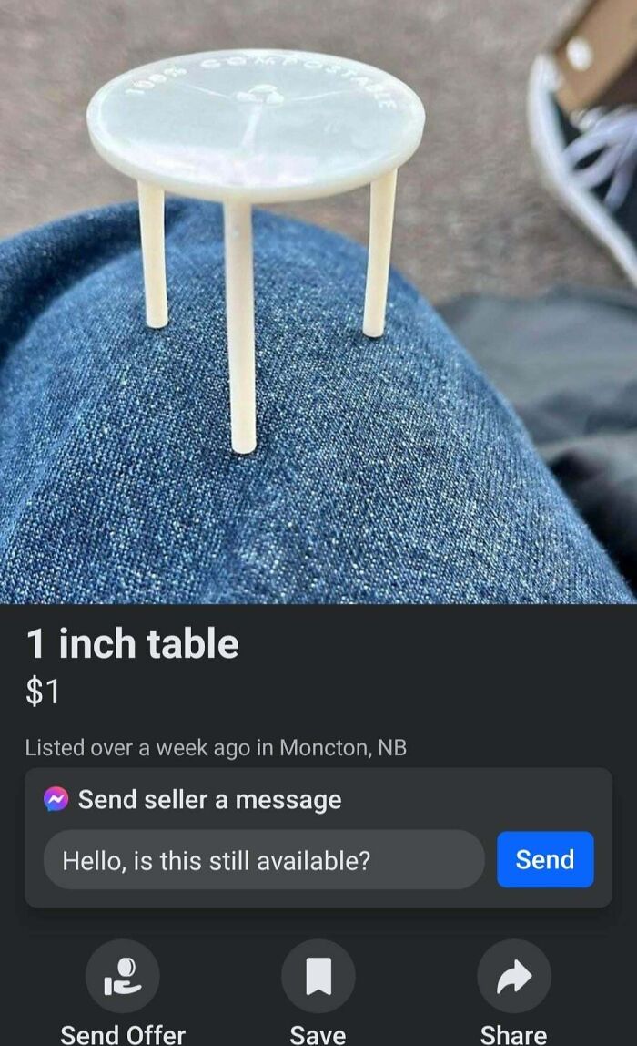 A miniature 1-inch table, comically small, for sale in a humorous marketplace listing.