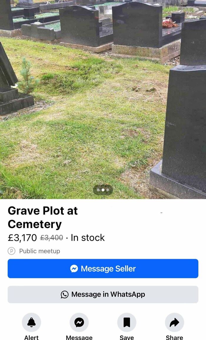 A graveyard scene with multiple gravestones and a listing for a grave plot at a cemetery, one of many unhinged marketplace listings.