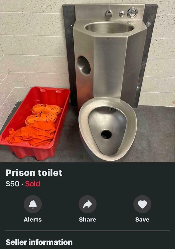 A used prison toilet for sale with orange Crocs and clothing in a red bin, a strange marketplace listing.
