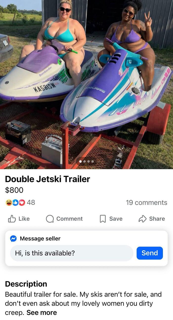 A double jetski trailer for sale, with two women on jetskis in the background, a strange marketplace listing.