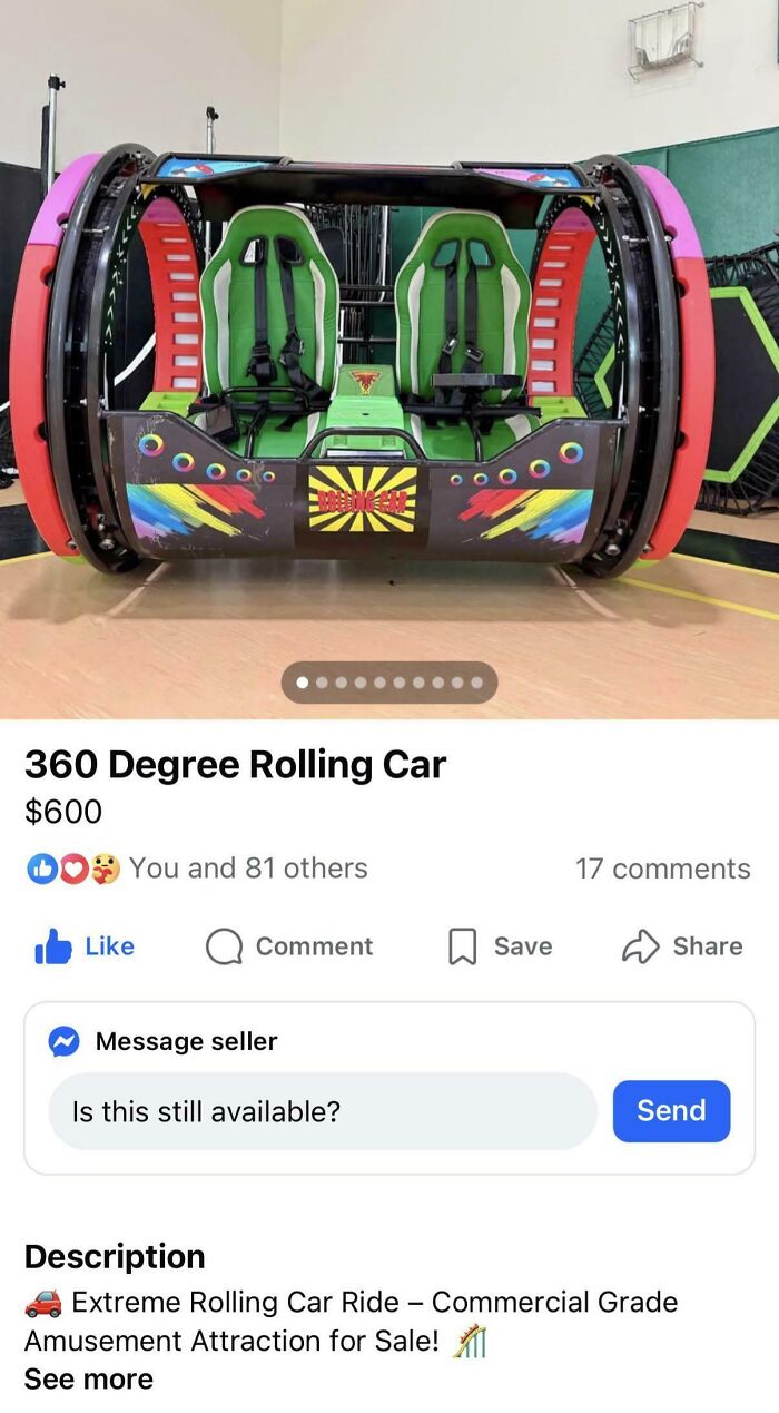 Unhinged marketplace listing of a 360-degree rolling car ride for sale.