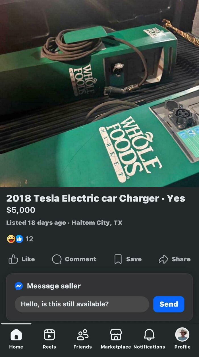 Unhinged marketplace listing: a Tesla electric car charger from Whole Foods Market.