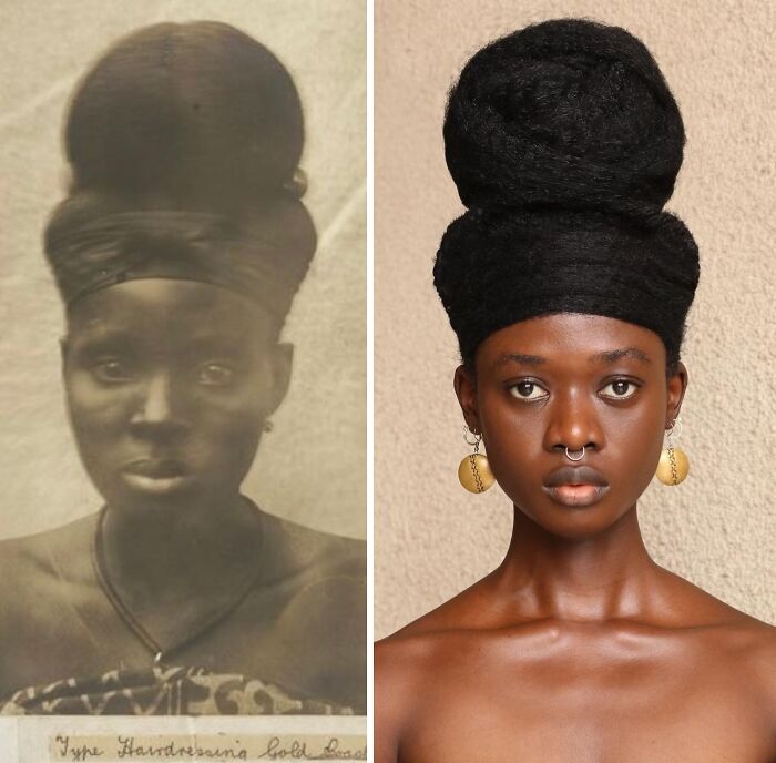 Artist transforms hair into stunning sculptures inspired by Pre-Colonial African hairstyles featuring a stacked bun.