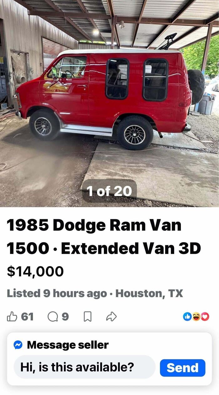 Unhinged marketplace listing of a red 1985 Dodge Ram Van with unusual window modifications.