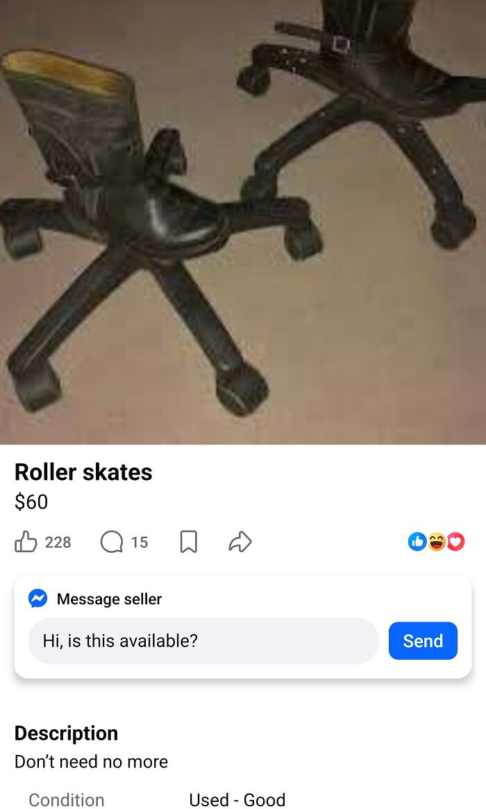 A pair of roller skate boots crafted from office chair bases, listed on marketplace listings.