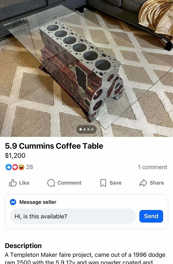 A coffee table made from a large engine block, listed on marketplace listings for sale.