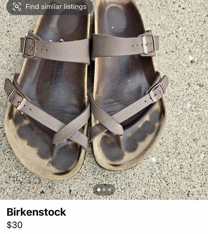 A pair of heavily used Birkenstock sandals with visible foot imprints, displayed for sale on marketplace listings.