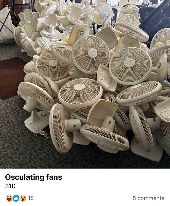 A large pile of numerous oscillating fans, some disassembled, for sale in marketplace listings.
