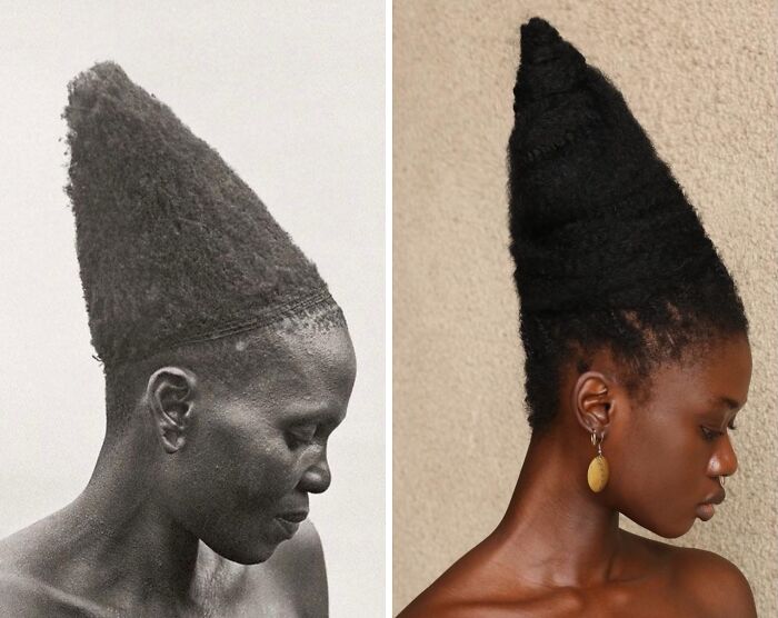 Artist transforms hair into stunning sculptures inspired by Pre-Colonial African hairstyles with a tall conical design.