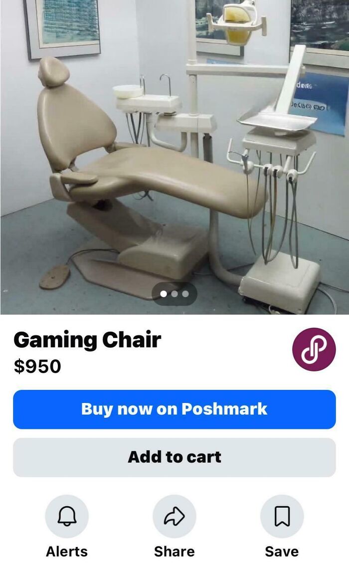 An unhinged marketplace listing shows a dental chair marketed as a gaming chair for $950, a truly bizarre item.