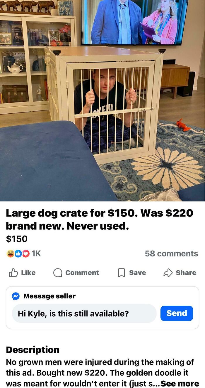 A man sits inside a large dog crate, an unhinged marketplace listing for a never-used pet carrier, raising questions.