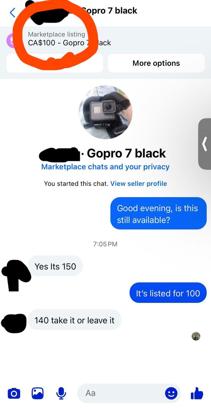 An unhinged marketplace listing chat shows a seller negotiating a higher price for a GoPro 7 Black than advertised, CA$100 to CA$150.