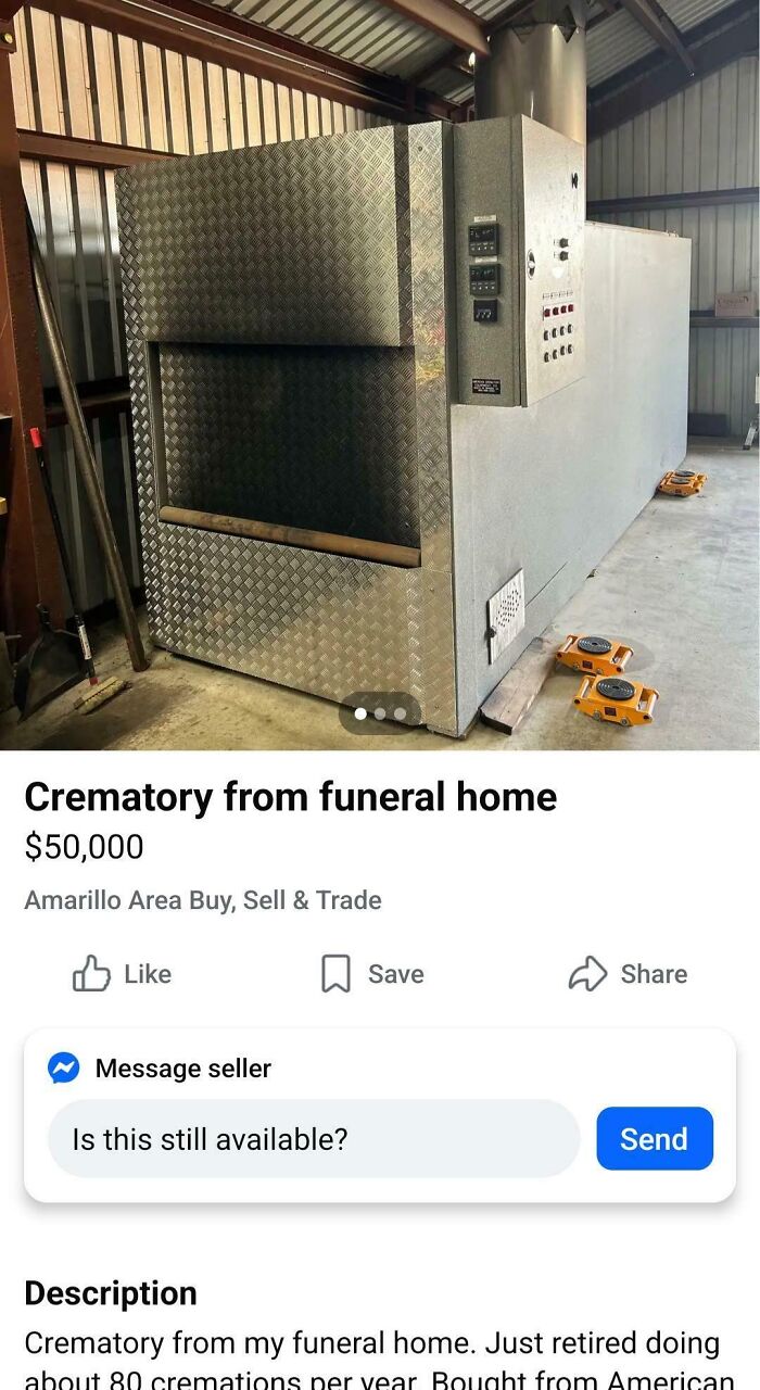 A crematory from a funeral home for sale, an unhinged marketplace listing. Should come with a disclaimer.