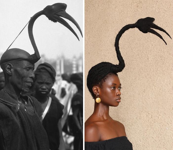 Artist transforms hair into stunning sculptures inspired by Pre-Colonial African hairstyles with a bird-like form.