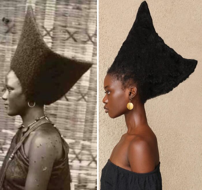 Artist transforms hair into stunning sculptures inspired by Pre-Colonial African hairstyles with a conical shape.