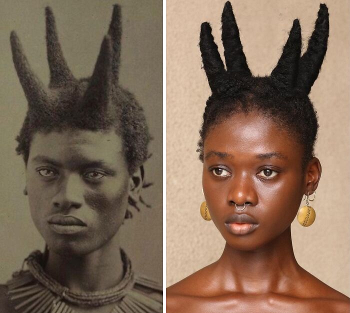Artist transforms hair into stunning sculptures inspired by pre-colonial African hairstyles, showing a triple-horn style on a model.