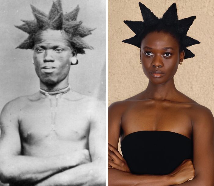 Artist transforms hair into stunning sculptures inspired by pre-colonial African hairstyles, with spiked hair on both subjects.