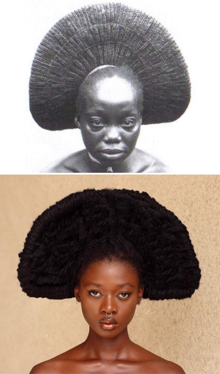 Artist transforms her hair into stunning sculptures inspired by Pre-Colonial African hairstyles, fan-like shape.