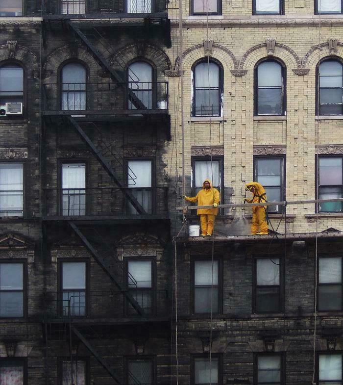 Before-and-after photo of a building facade being cleaned, showcasing how much things can change.