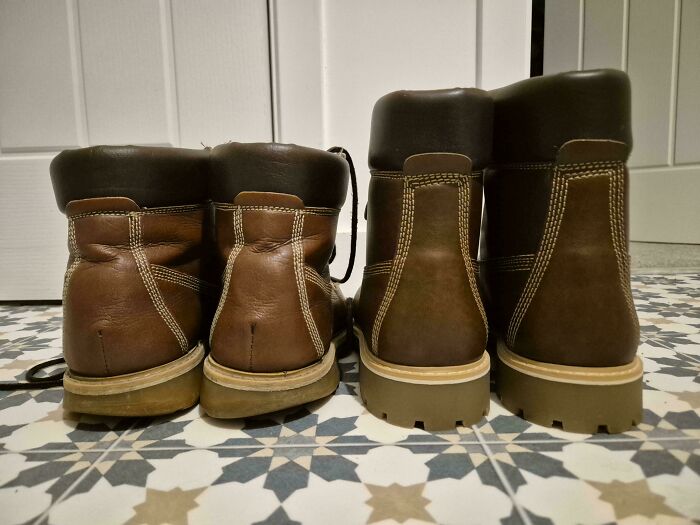 Before-and-after image of two pairs of boots, highlighting the change in condition.