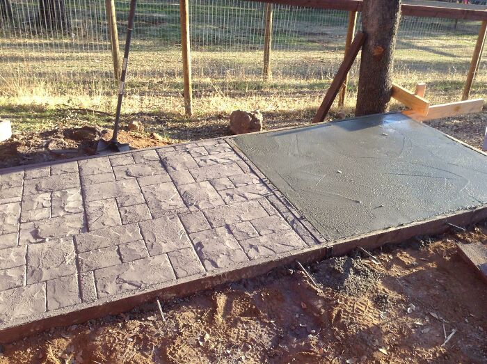 A before-and-after photo showing a stamped concrete slab under construction, highlighting interesting changes.