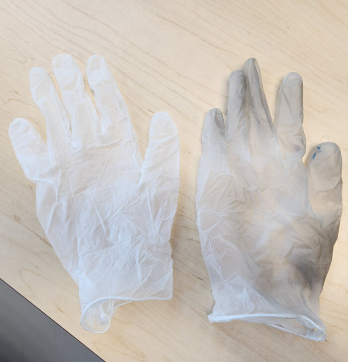 Before-and-after photo of two disposable gloves on a wooden surface, showing how much things can change.