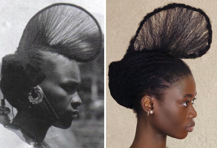 Artist transforms her hair into stunning sculptures inspired by Pre-Colonial African hairstyles, elongated sculpted shape.