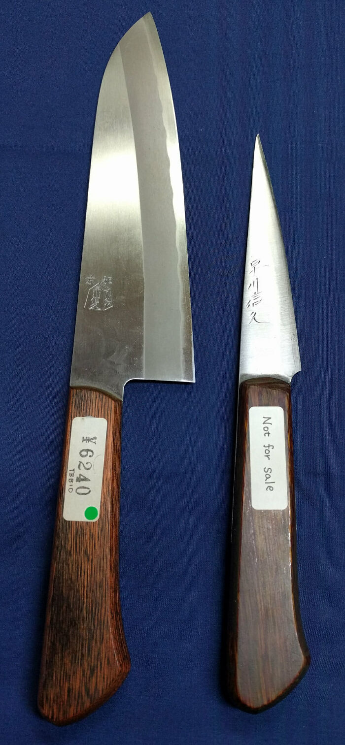 A before-and-after photo of two knives with wooden handles, displaying interesting changes in design and use.