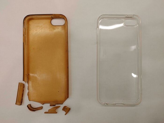 Before-and-after photo of two phone cases, one yellowed and broken, the other clear and new, illustrating change.